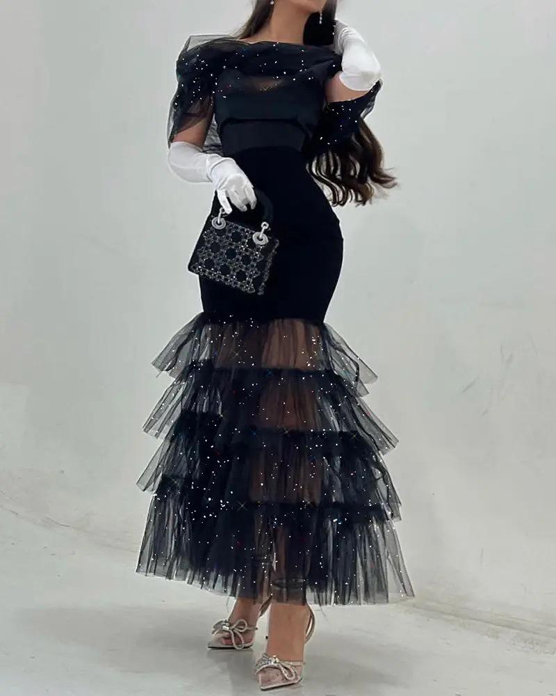 2024 Black Mesh Sequin Midi Skirt Dress