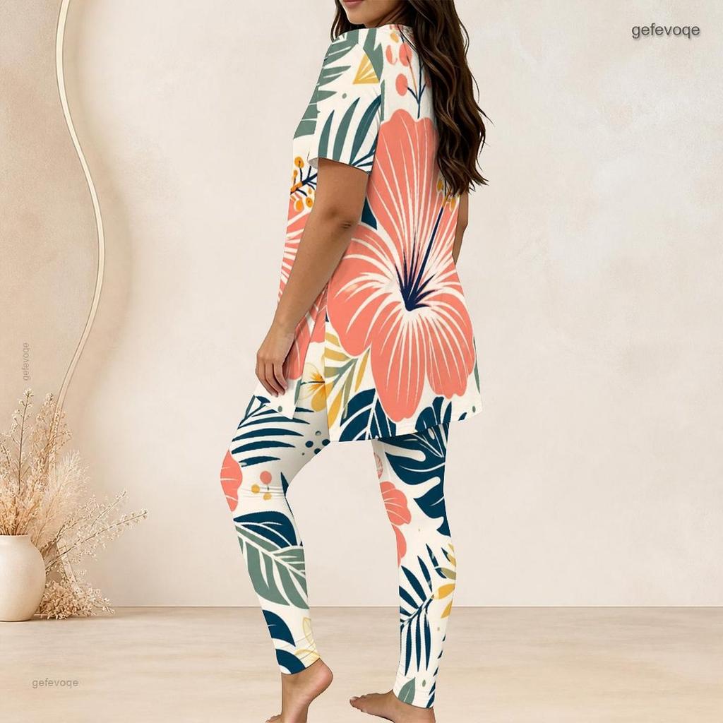 Women Plus Size Two Piece Coordinate Crew Neck Short Sleeve Blouse Long Trousers
