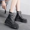 Thick-bottomed Hole Martin Boots Side Zipper Women's Short Boots, Muffin Bottom Lace-up Tooling Boots