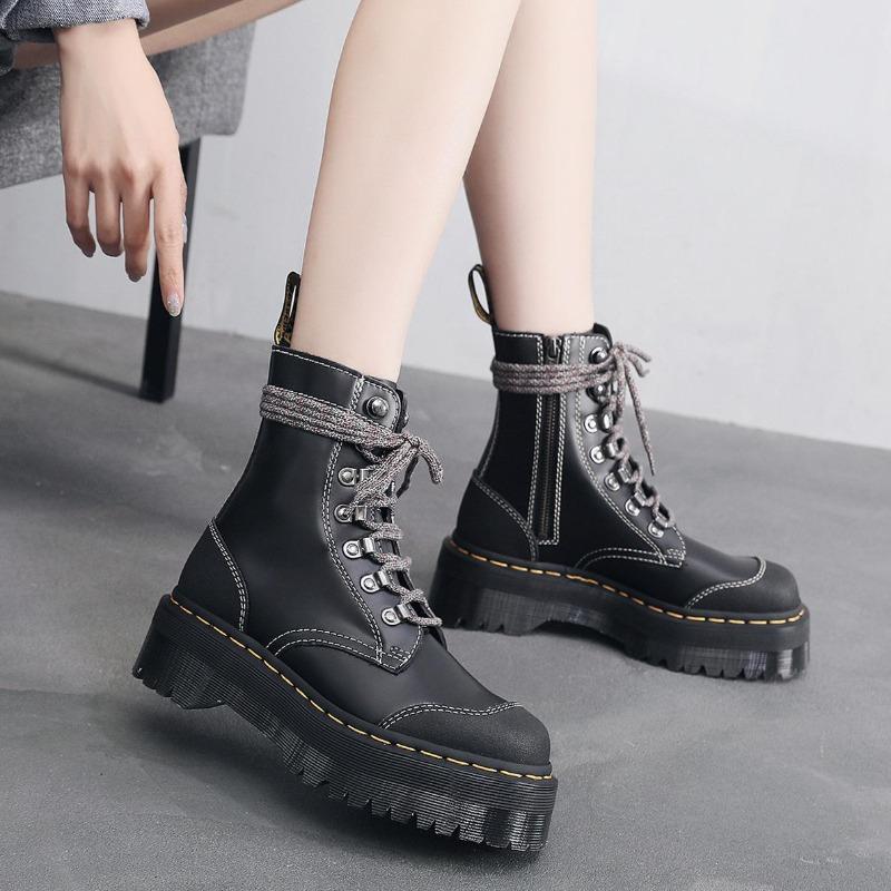 Thick-bottomed Hole Martin Boots Side Zipper Women's Short Boots, Muffin Bottom Lace-up Tooling Boots