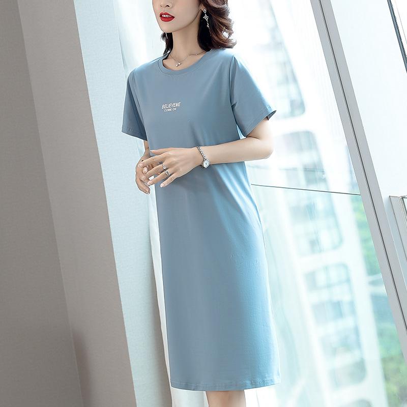 

VEZFAA Women s Fashion Summer Spring Short Sleeve O-Neck Loose Waistlinet Casual Dresses XXXL небо синє кольору