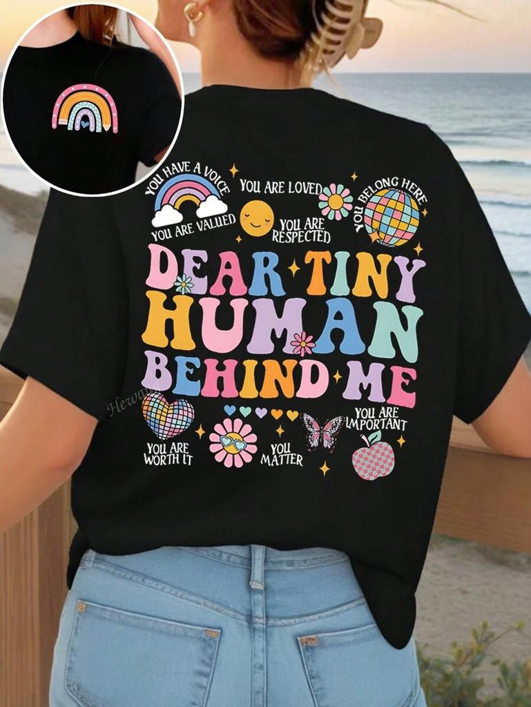 Women Size Inspirational Graphic Tee Black Short Sleeve with DEAR TINY HUUnisex Print