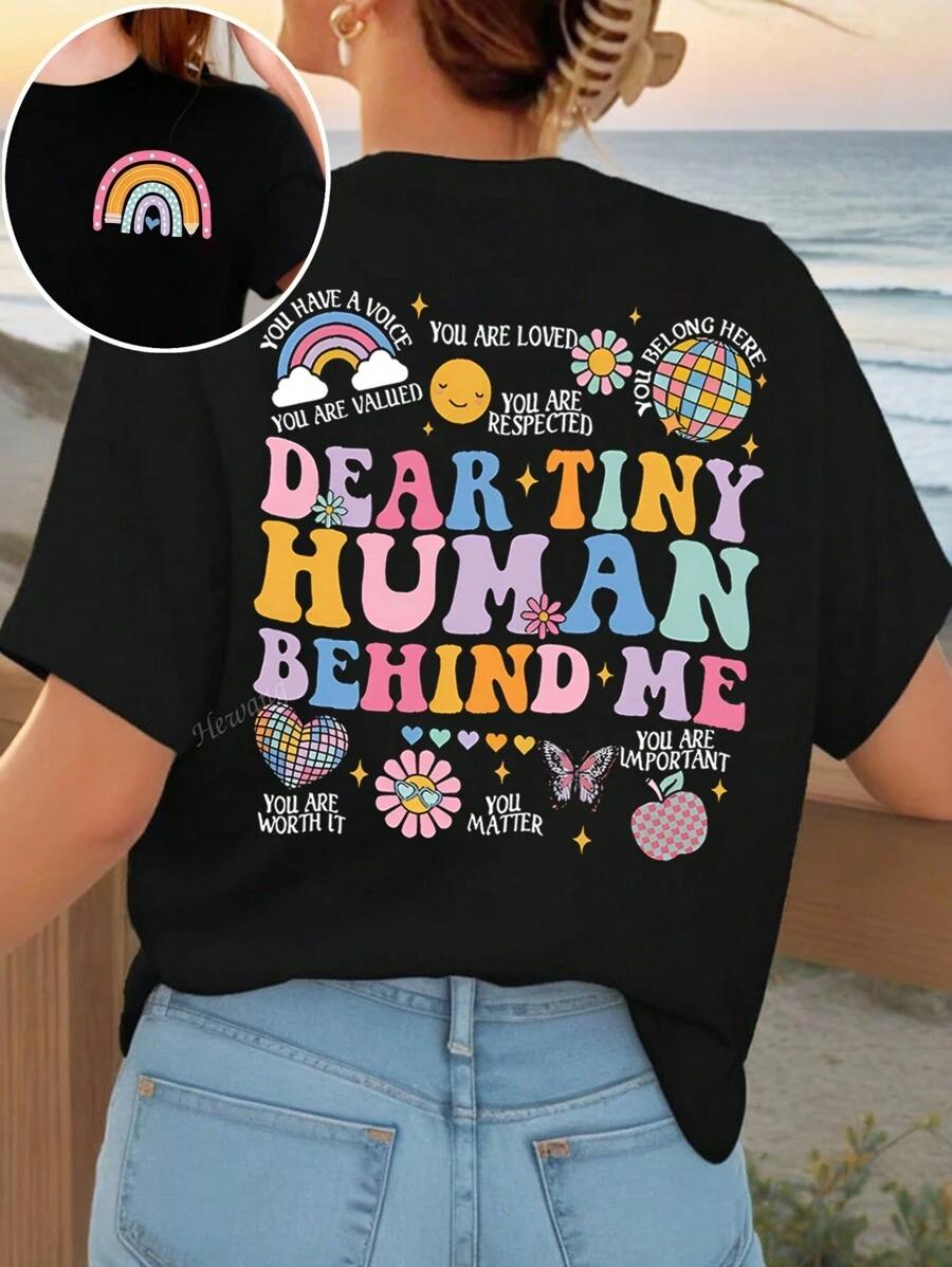

Women Size Inspirational Graphic Tee Black Short Sleeve with DEAR TINY HUUnisex Print 3XL