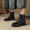 Fashion NEW Autumn/Winter Women Boots Genuine Leather Shoes for Women Round Toe Chunky Heel Shoes Lace-up Riding Boots Black Ankle Boots