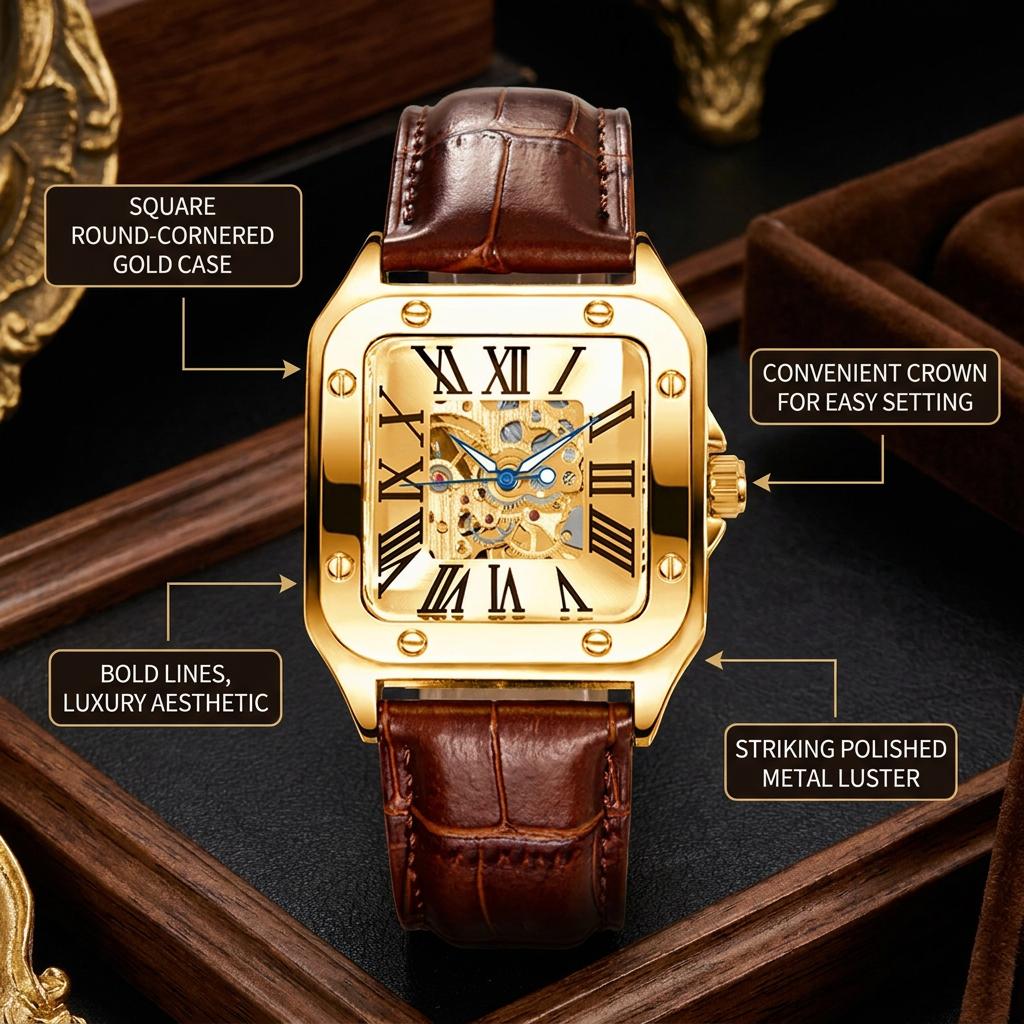1 Stück Herren-Uhr mit weißem Zifferblatt und Lederarmband, Vintage-Mode, Skelett-Zahnrad, Luxus-Details, Mechanische Uhr für Geschäftsfeier, Urlaub