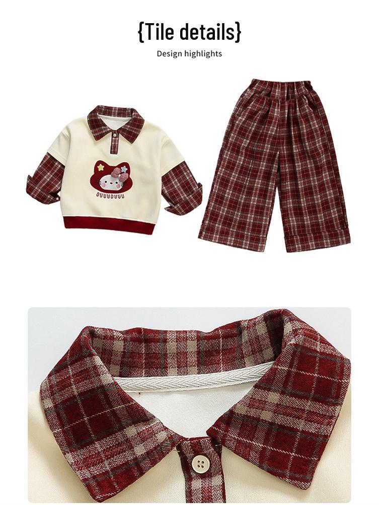 Girls' 2025 Fashion Spring & Autumn Outfit - Red Plaid Two-in-One Set for Toddlers