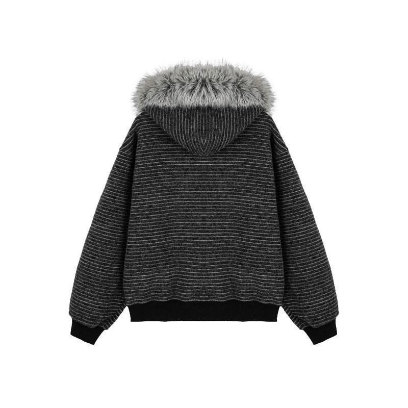 Punk Coat Y2k Vintage Faux Fur Collar Hoodie Zip-Up Woman Sweatshirts Goth Stripe Girl Coat Winter Jackets Hip Hop