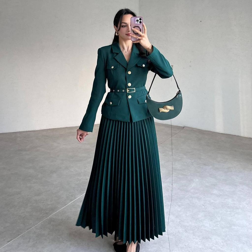 2024 Autumn European & American Solid Color Lapel Suit with Pleated Midi Skirt