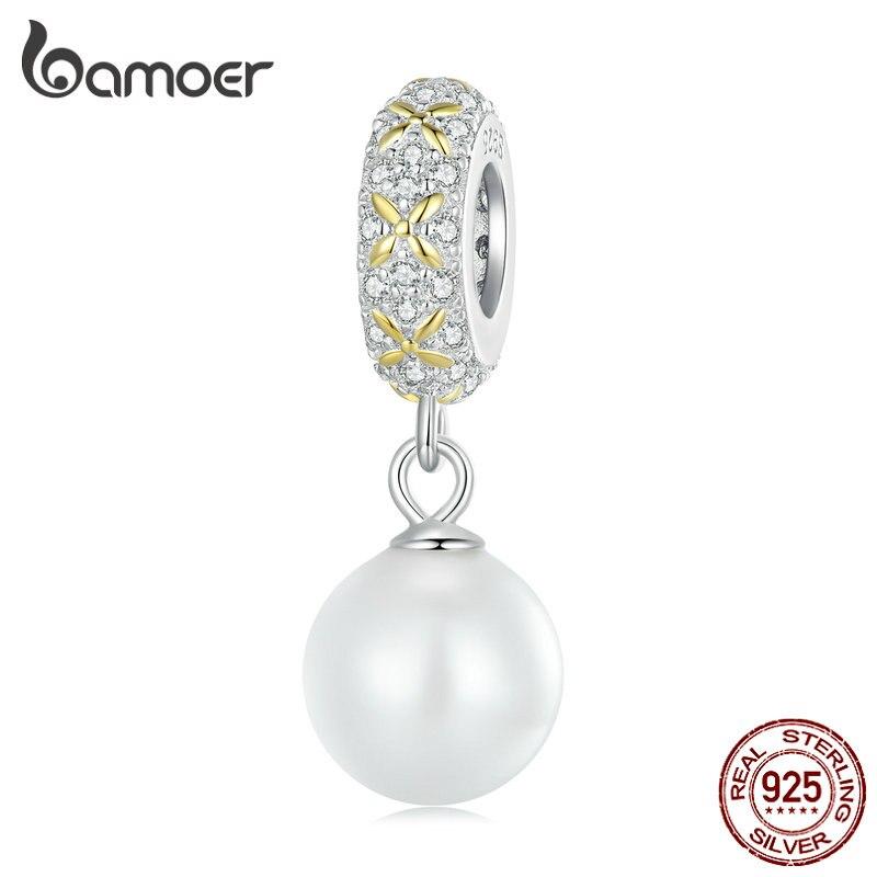 

BAMOER стерлингового серебра 925 пробы с жемчугом и ракушками, подвески, золотые четырехлистные бусины клевера, позолоченные ювелирные изделия для женщин