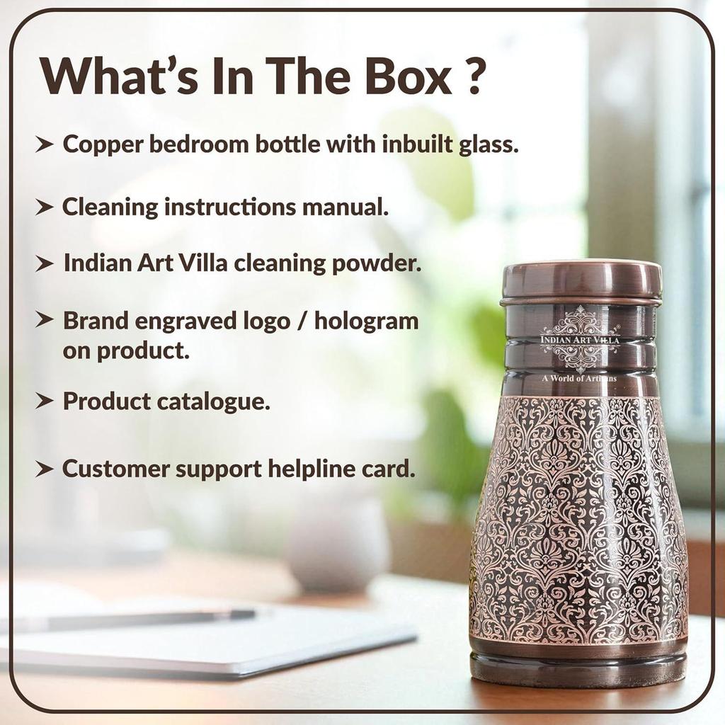 Pure Copper Bedroom Water Bottle with Inbuilt Glass, Dark Embossed Design, Bedside Carafe, Ayurvedic Health Benefits, 950 ML (Pack of 1)