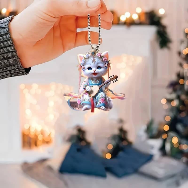 Cute Acrylic Cat Pendant Creative Car Interior Rearview Mirror Decoration Keychain