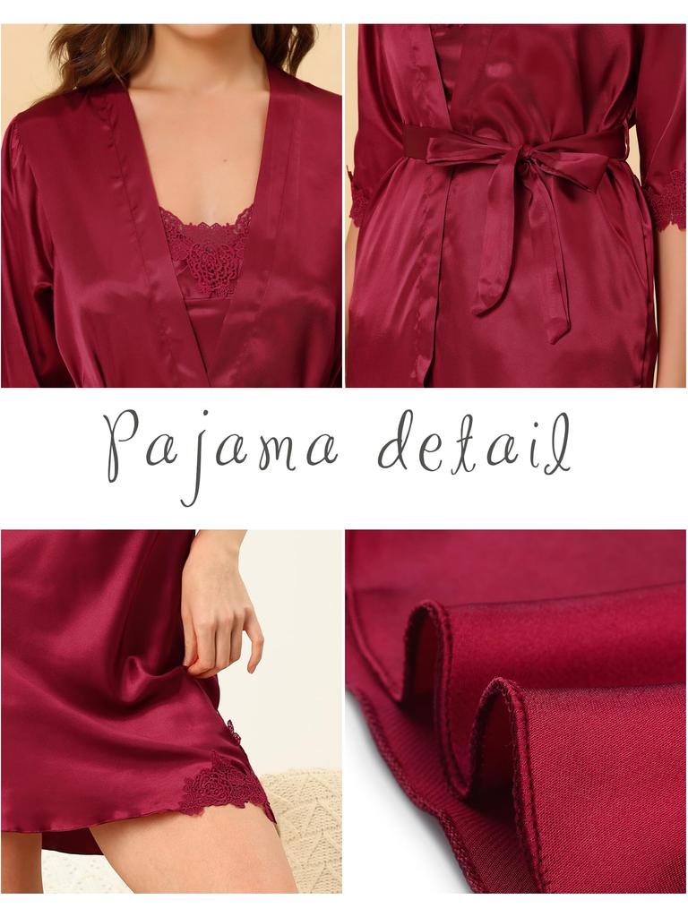 Cheibear Silk and Satin Pajama Lace Robe Medium Women's 4-Piece Set, Camisole, Nightgown, Set, Loungewear, Red,