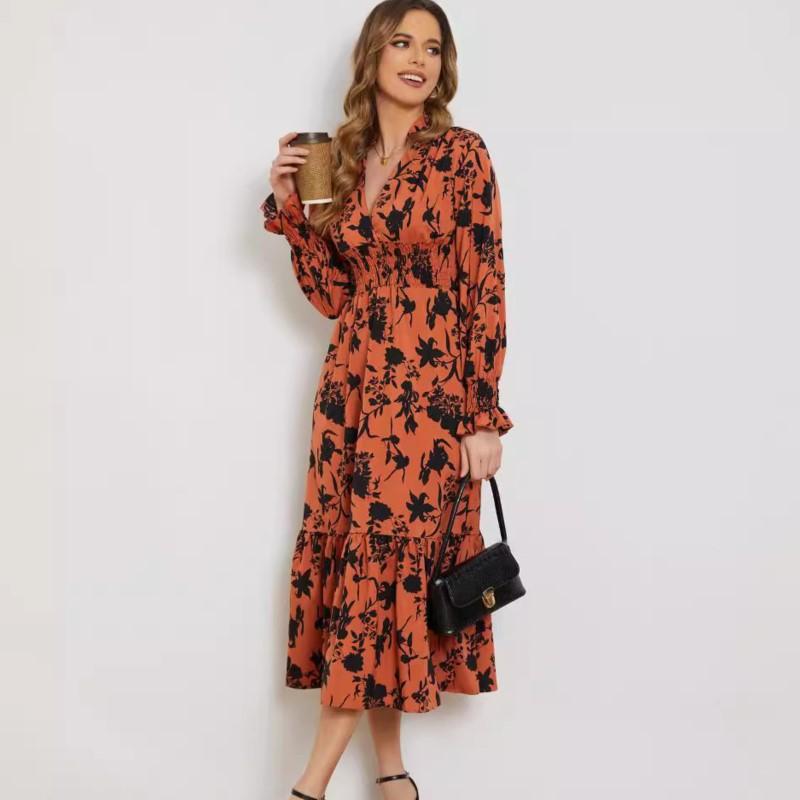 Orange New Long Dress For Women V Collar Pullover Lantern Sleeves A-line Floral Print Elegant Ladies's Dress