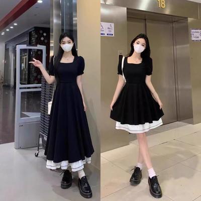 Summer French Square Collar Hepburn Style Temperament High Sense Waist Thin Bubble Sleeves A Word Short Sleeve Dress