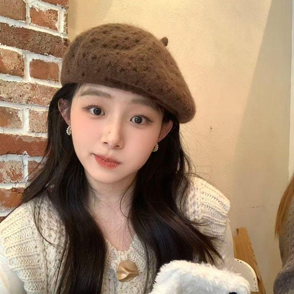 Solid Color Beret Hat Hollow Out Hollow Out Hat Stylish Double Layer Beret Autumn Winter