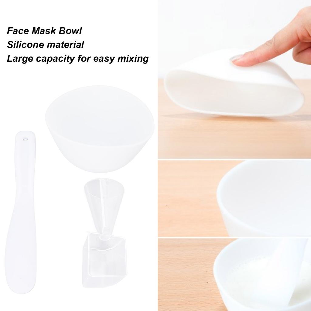 3pcs Face Mask Bowl Spatula Set Measuring Spoon Soft Silicone Washable Reusable Skin Care Clay Mask Applicator White