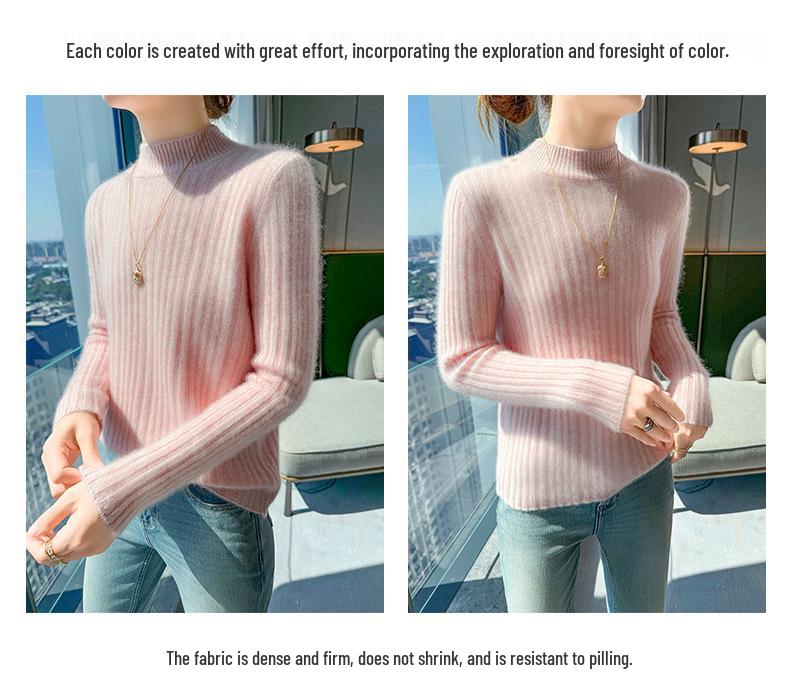 2024 Spring/Autumn Wool Ribbed Knit Sweater with Half-High Neck