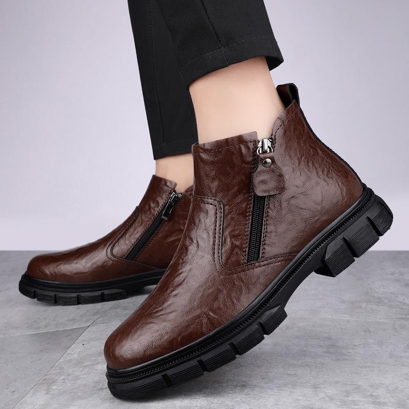 Men's British Style High-Top Leather Winter Boots with Velvet - Trendy Motorcycle Mid-Top Workwear.