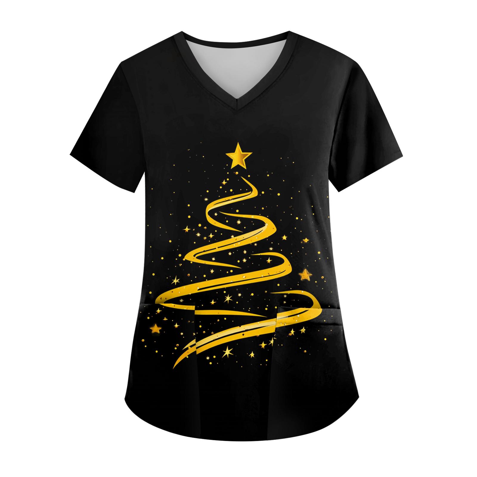 

Women s V-neck Christmas Print Short-sleeved Pocket Side Slit Uniform Top L чёрный