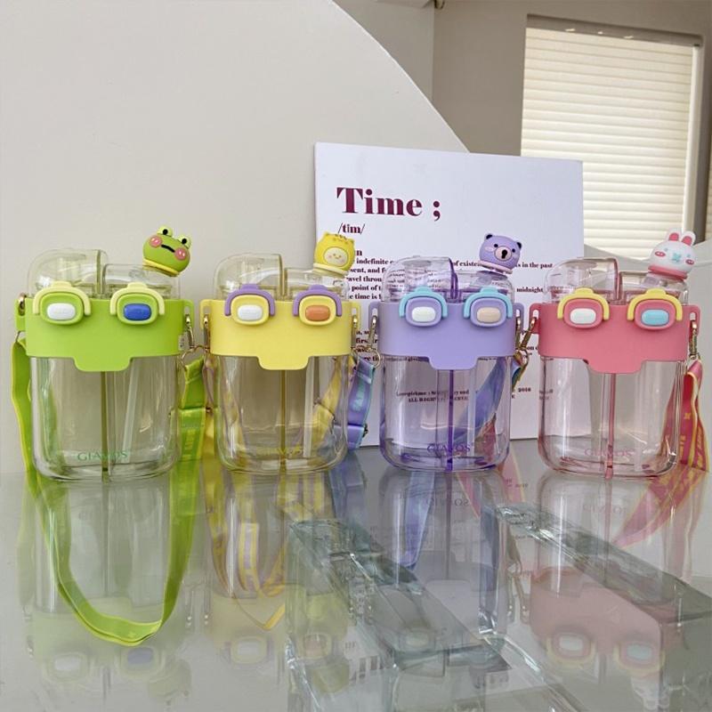 Large Capacity Plastic Cup With Double Drink Compartments Stylish And Cute Cartoon Design