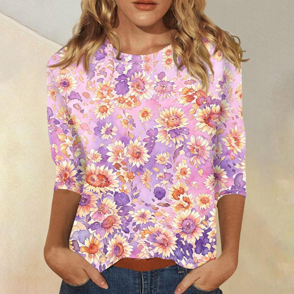 Women's Casual Floral Print Round Neck Three Quarter Sleeve Top Lightweight Comfortable Fit Suitable for Everyday Wear