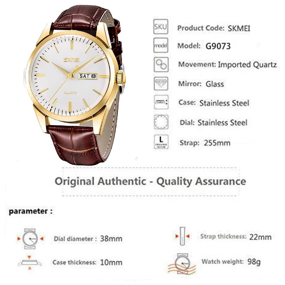 Men's Classic Brown Leather Strap Watch Waterproof Quartz Analog Casual Simple Date Day Lightweight