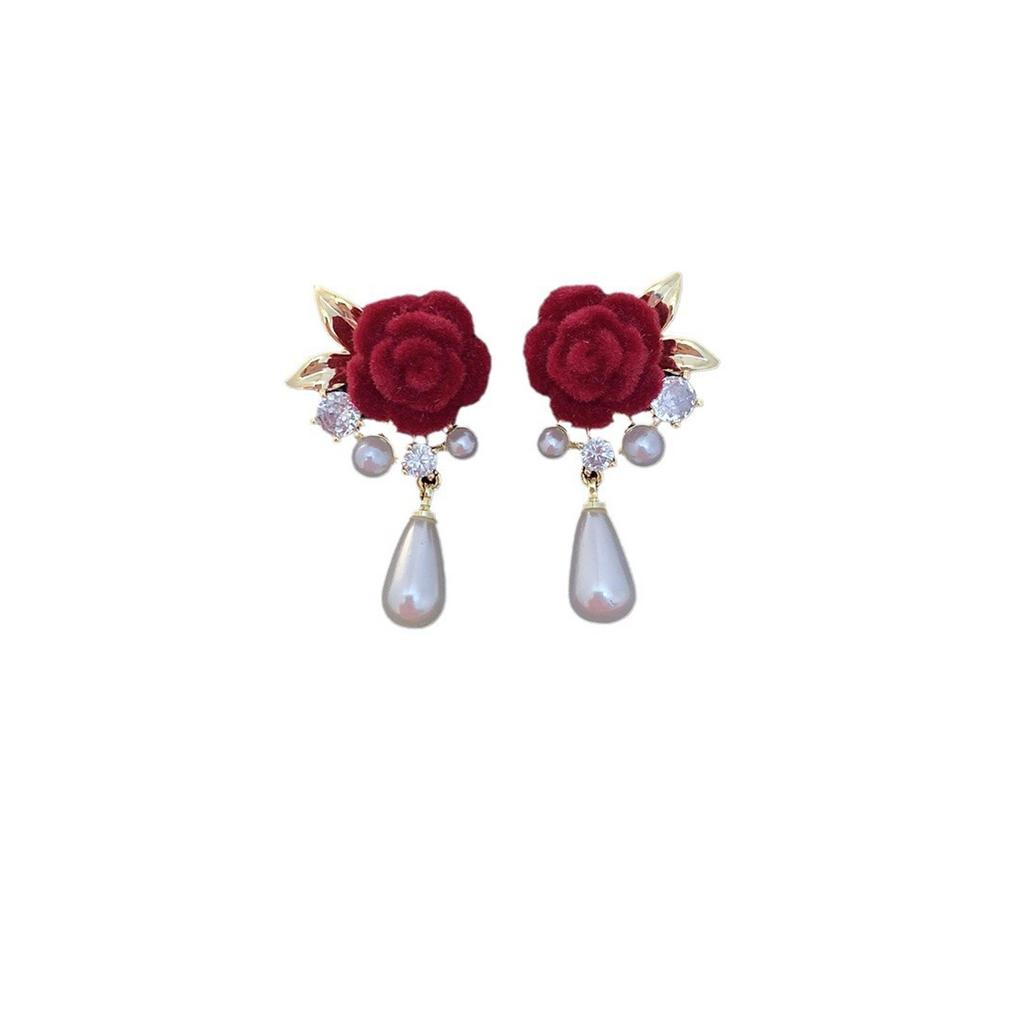 Red Velvet Rose Flower Earrings Needle Vintage Pearl Earrings Stud Earrings