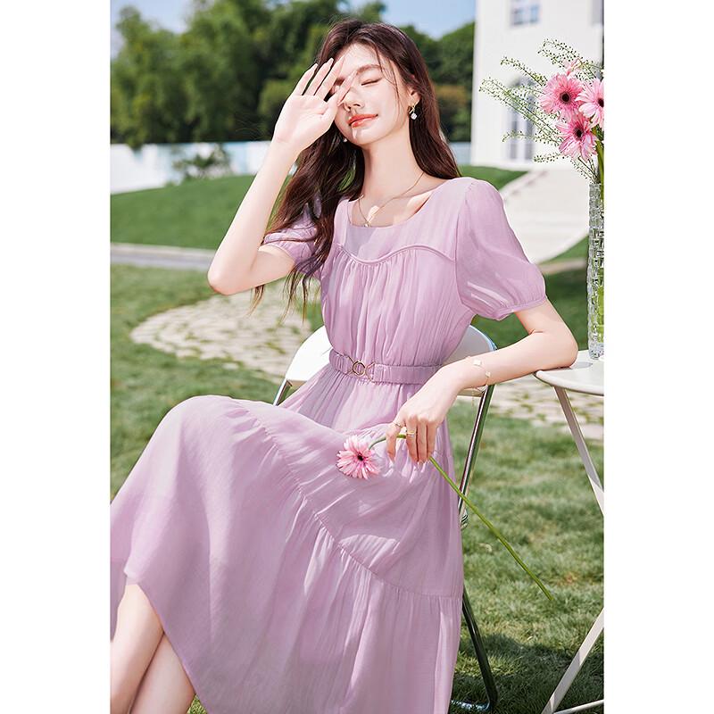 Elegant Purple A-Line Bubble Sleeve Midi Dress M
