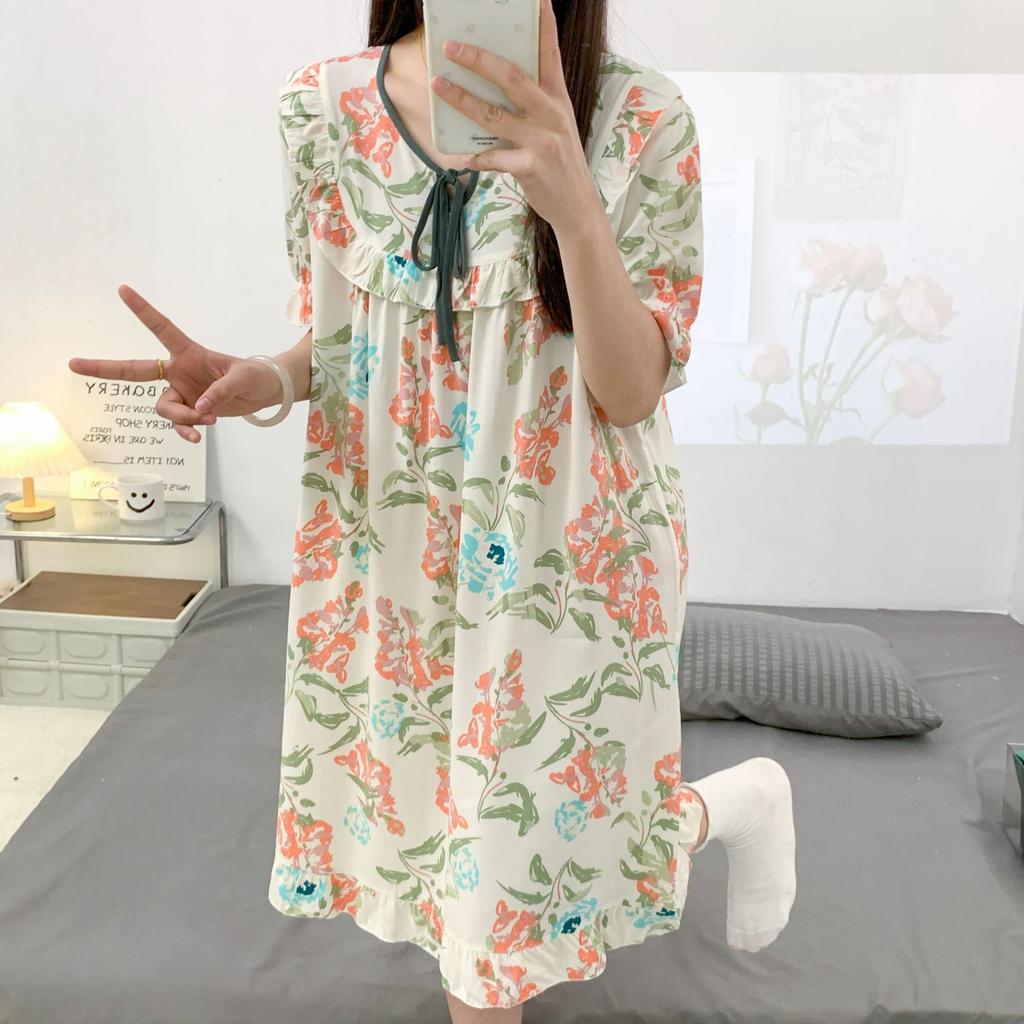 Artificial cotton silk nightdress, lace-up rope, round neck over knee, enlarged long dress, soft, comfortable and breathable, fairy casual style skirt