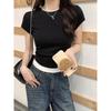 Summer Modal Black Slim-Fit Color-Block Pleated Two-Piece Look Top for Women