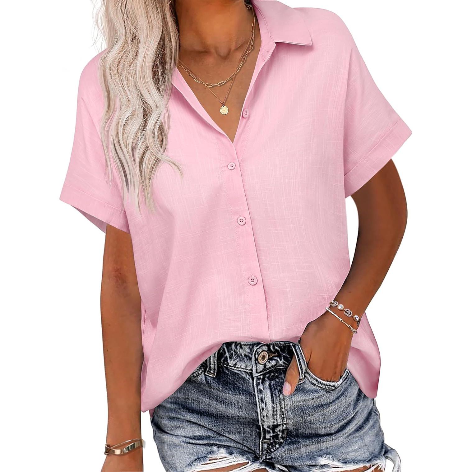 

2025 Women s Cotton Linen Short-Sleeve Casual Loose Shirt L розовый