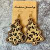 Wood Christmas Tree Dangle Earrings Women Leopard Grow Print Genuine Leather Christmas Earring New Year Ear Jewelry Gift