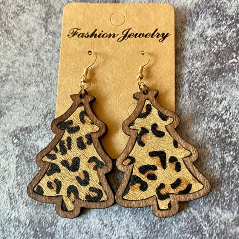 Wood Christmas Tree Dangle Earrings Women Leopard Grow Print Genuine Leather Christmas Earring New Year Ear Jewelry Gift