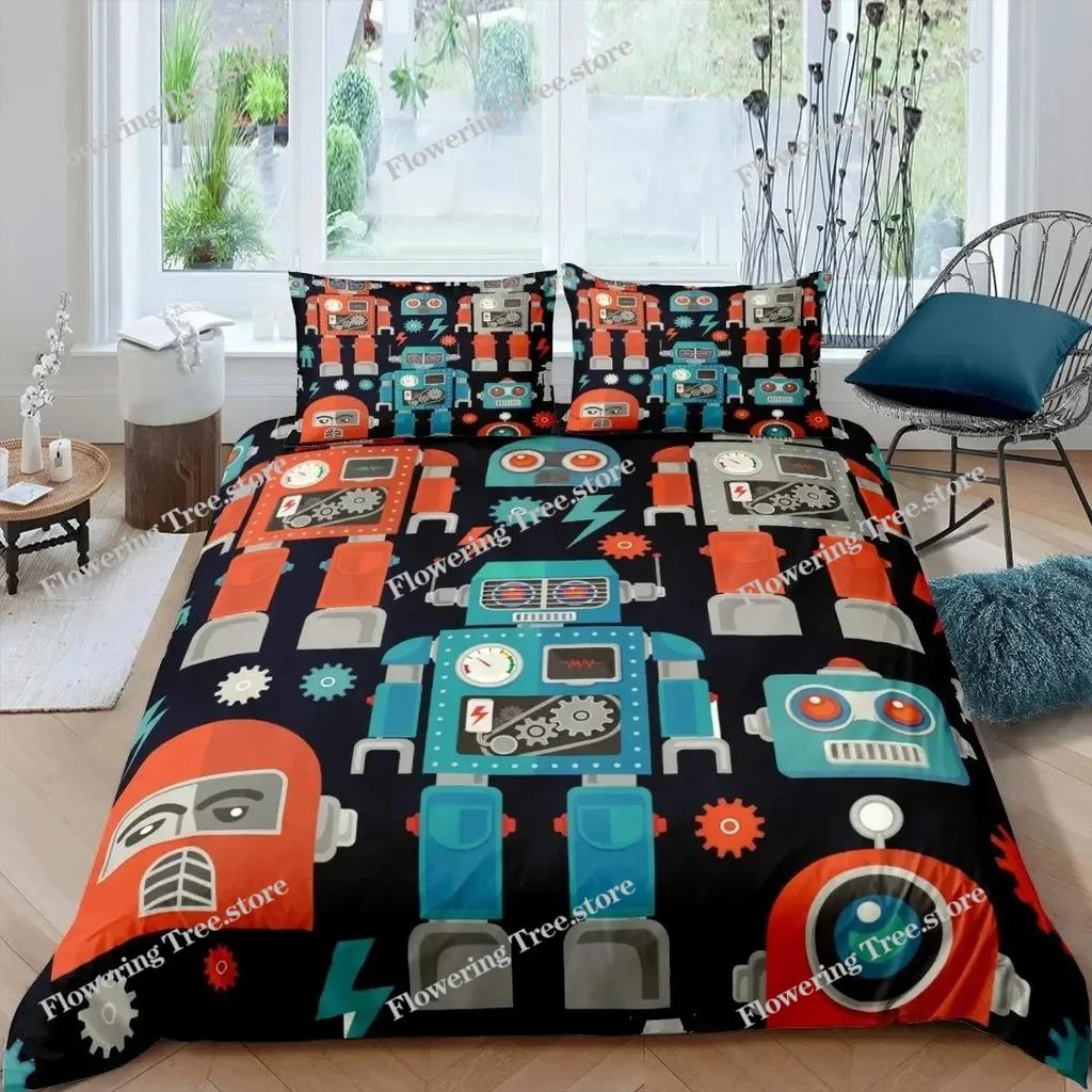 Boys Cartoon Robot Rocket Duvet Cover King Queen Size,Kids Spaceship Bedding Set Starry Galaxy Universe Planet Quilt Cover