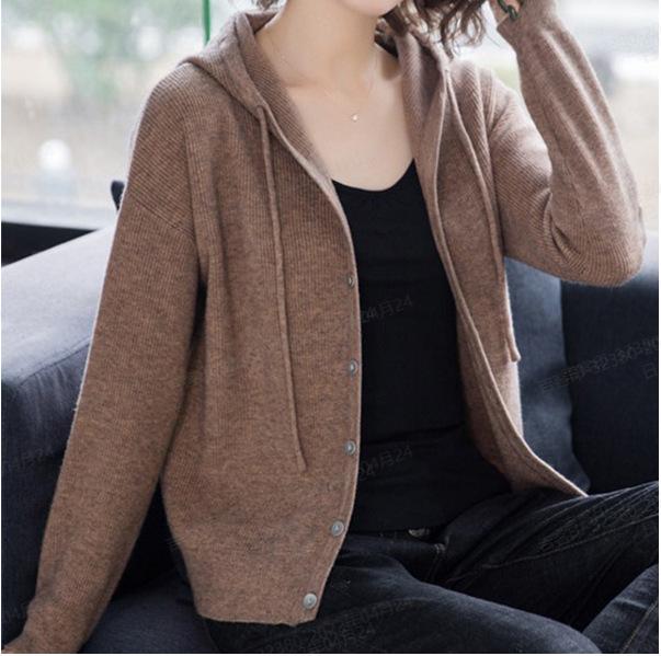 Lässige Mode Kapuzenpullover Allround Strickjacken Damenbekleidung Frühling und Herbst Einfarbig Knopf Locker Koreanische Oberteile One Size kaffeebraun