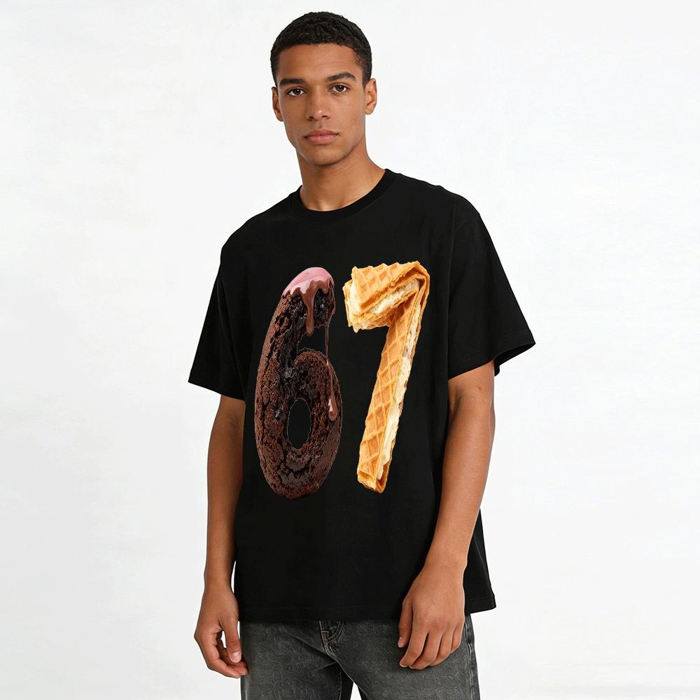 Chocolate Waffle Number 67 Print Casual Short Sleeve Tee Pure Cotton T-shirt