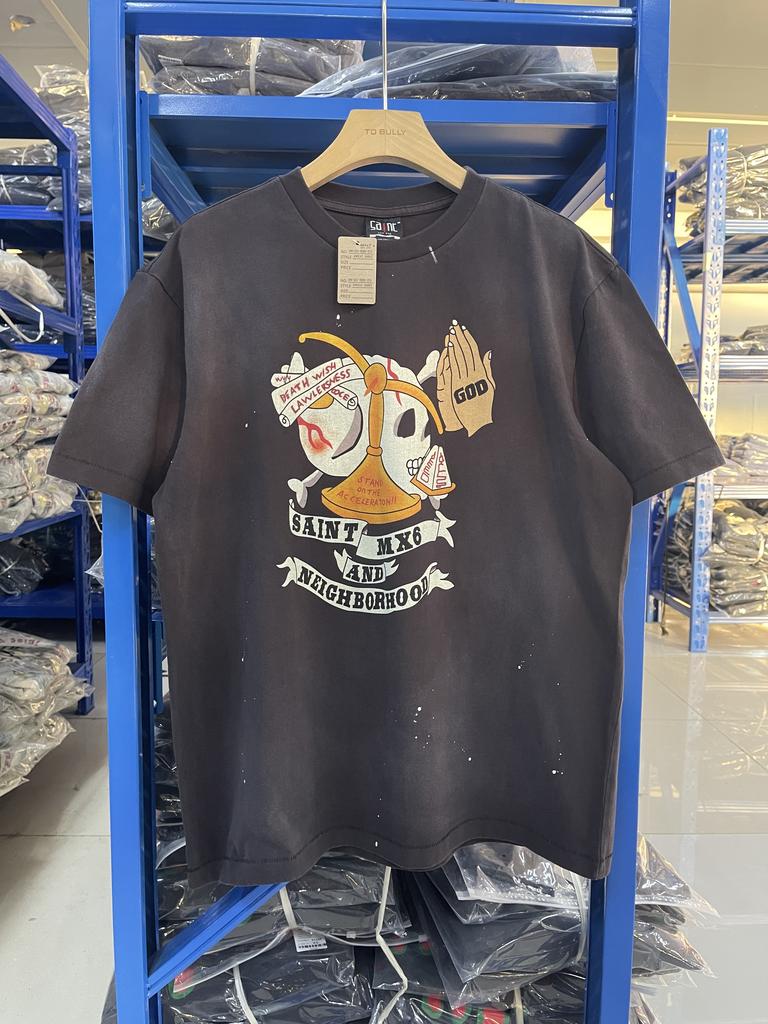 Vintage Saint 25SS NBHD Creative Pattern Printed High Street Washed Retro Tshirt Loose Casual Pure Cotton Washed Short Sleeve