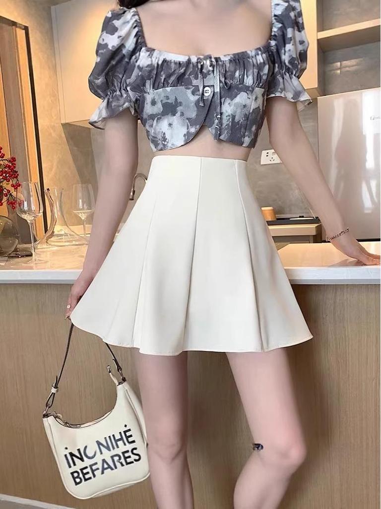 Black Pleated High Waist A-line Midi Skirt - Women's Summer Slimming Petite Flared Skirt with Hip-Hiding Design