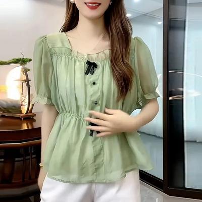 Women's Square Neck Ruffle Blouse Short Puff Sleeve Bow Tie Detail Peplum Versatile Tops