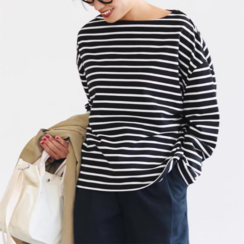New Autumn Women's Striped T-shirt Pure Cotton Casual Simple Versatile Round Neck Long-sleeved Top