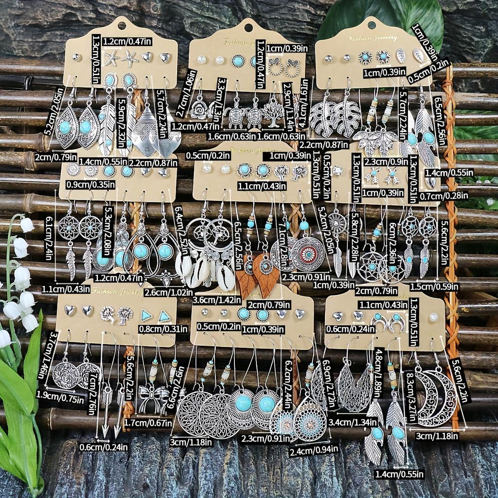 54 Pairs Of Boho Ethnic Style Earrings Ear Stud Combination Set Silver Color Geometric Turquoise Inlaid Party Decor Gifts