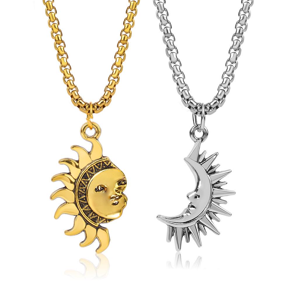 Asymmetrical Sun & Moon Couple Necklace: Men s Luxe & Women s Versatile Simple Accessory Titanium Steel