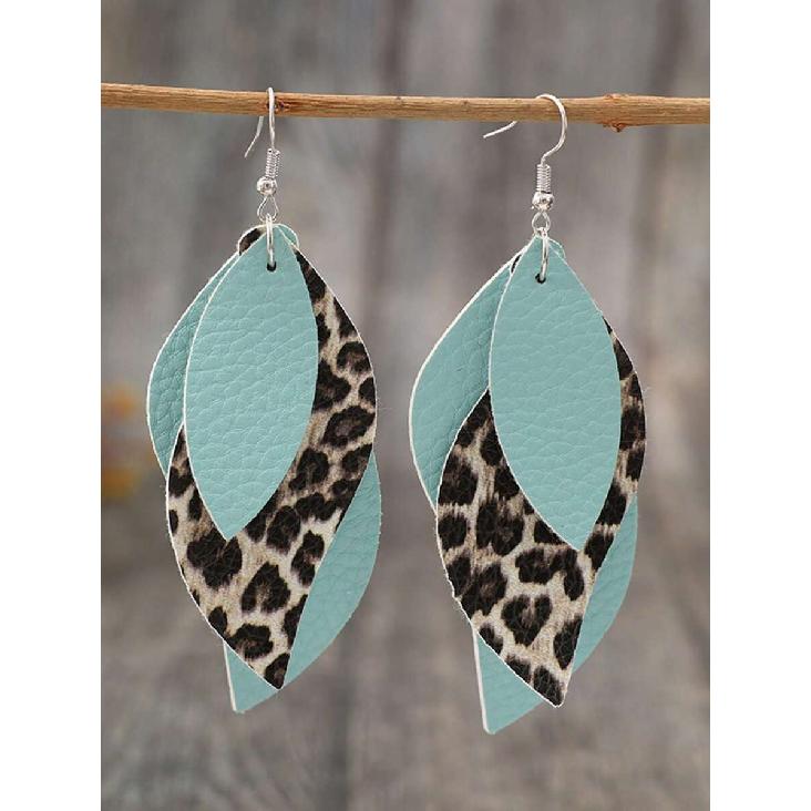 1 Pair Vintage Western Style Colorblock Mint Green Leopard Print Multi-Layer Leaf PU Leather S-Shaped Earrings
