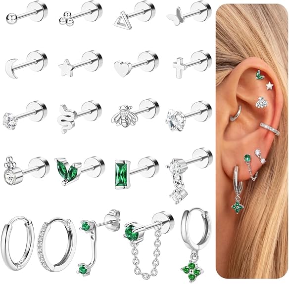 

Bobisty 21PCS Flat Back Earrings for Women Surgical Steel Earrings 14K Gold Plated Stud Hoop Stack Cartilage Helix Piercing St срібний
