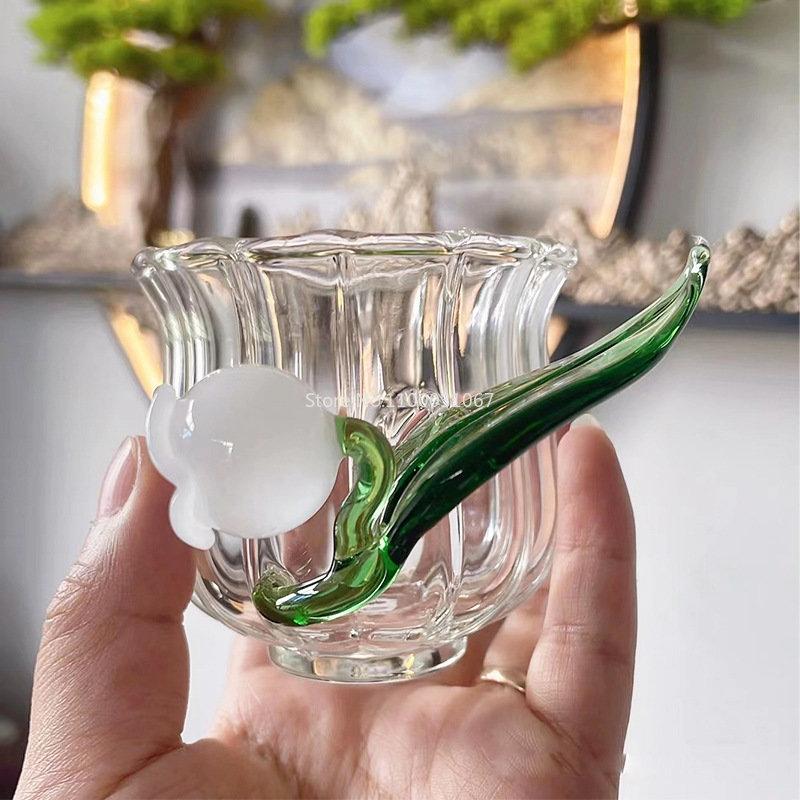 1/2PCS Lily of The Valley Glass Lovely Cup Home Office Glass Milk Coffee Cup Tea Cup Bell Orchid Handle Small Cup Wine Glass