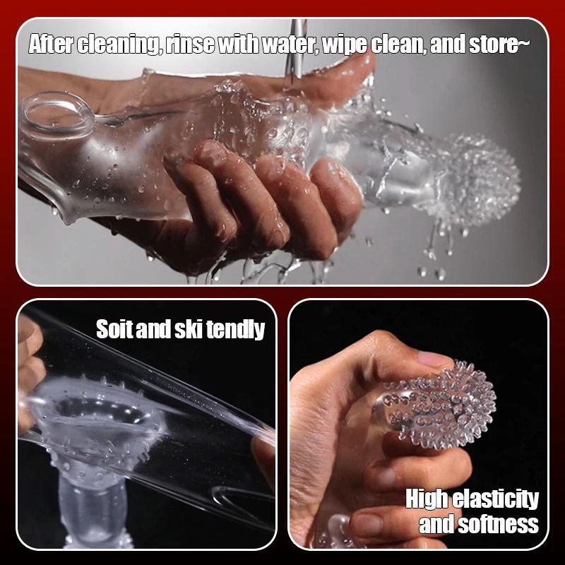 Vibrator for Man Enlargement Vibration Condom Transparent Extension 10cm Penile Sleeve Reusable Delay Sex Toys