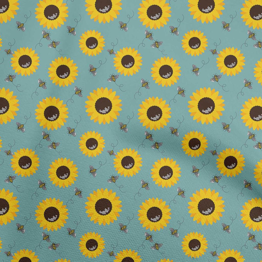 oneOone Cotton Flex Green Fabric Floral Sunflower With Honey Bees Sewing Material Print Fabric By The Yard 40 Inch