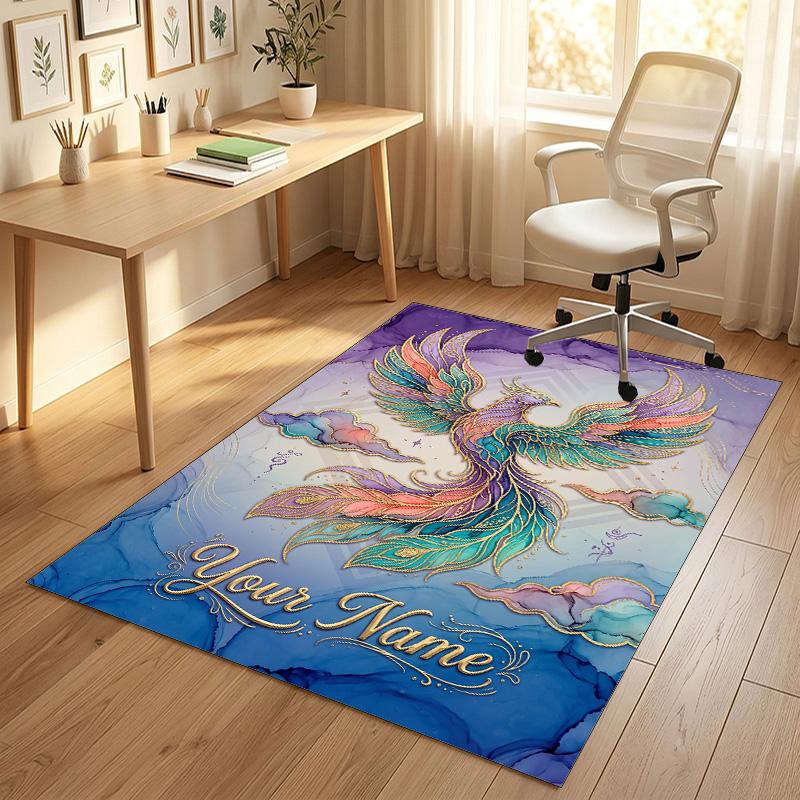 Dragon Phoenix Theme Crystal Velvet Rug Personalized Custom Name Text Soft Floor Mat Home Decor