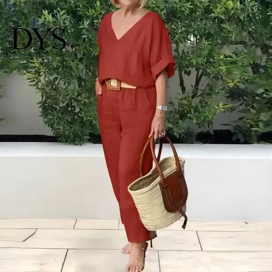 Two-piece Summer Suit 2 Pcs/Set Blouse Pants Set V Neck Long Sleeves Top Wide Women Leg Loose Elastic Waist Trousers OL Commute Casual Homewear Outfit