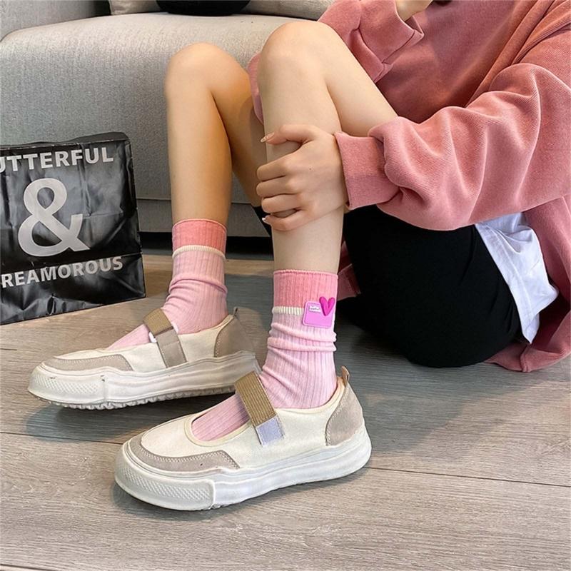 Japanese Style Women Y2K Girl Cotton Crew Socks Harajuku Sweet Love Label Colorblock Ribbed Knit Middle Tube Calf Socks